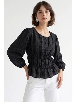 Mixray 4873 Kadın Büzgü Detaylı Balon Kol Peplum Bluz Siyah