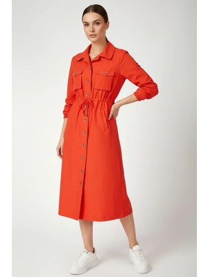 Klins Kids Kadın Gömlek Yaka Beli Büzgülü Önden Düğmeli Nar Tesettür Trenchcoat