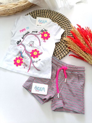 Cichlid Çiçekli Park Tişört&şort 2'li Takım Pembe Neon