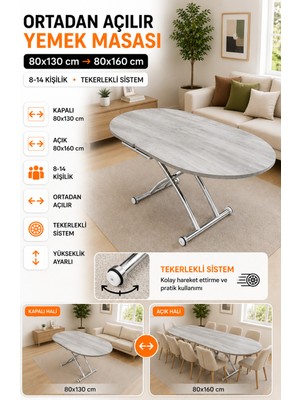 Ortadan Açılır Oval Akıllı Masa Mdf Tabla Krom Kaplama Ayaklı