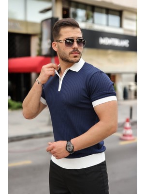 Veraura Lifestyle Erkek Yaka ve Kol Detaylı Fermuar Yakalı Çizgi Desen Kısa Kollu Triko Tişört