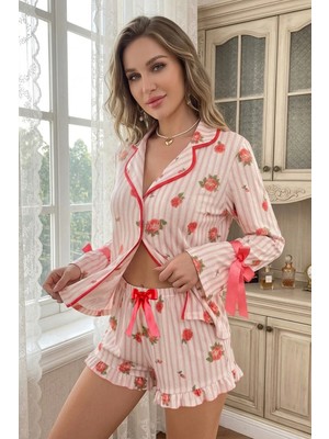 Bella Notte Pembe Romantik Gül Desenli Fiyonk Detaylı Şortlu Pijama Takımı