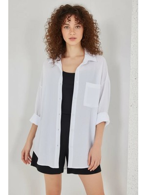 Klins Kids Kadın Tek Cepli Oversize Viskon Beyaz Gömlek