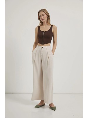 Tena Kadın Ekru YP5115 Çift Pileli Bol Paça Tencel Pantolon