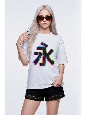 Hoxie Unisex Beyaz Oversize Glitch Efektli Harf Baskılı Tişört