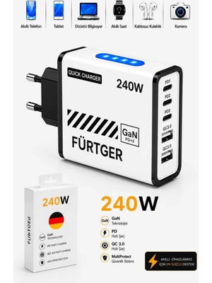 Fürtger 3 Type-C + 2 Usb-A Toplam 5 Çıkışlı + 20W Şarj Aleti