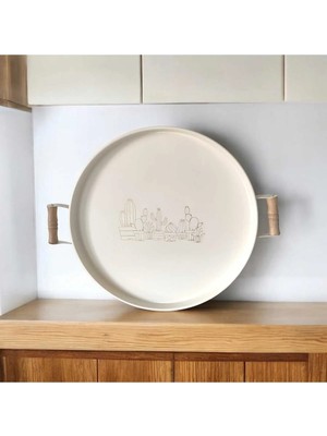 Bereka Tepsi Ahşap Kulplu Kaktüs Desenli Metal Çay Kahve Tepsisi 37 cm Orta Boy Tepsi