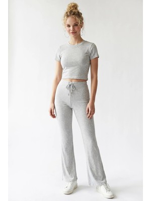 Mixray 2120 Kadın Crop T-Shirt ve Palazzo Pantolon Takım Gri