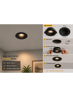 Sıva Altı LED Spot Beyaz ve Siyah Kasa 3000K Günışığı Gömme Tavan Spotu Ampul Dahil