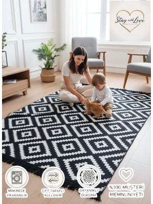 Stay With Love Kilim Çift Taraflı Pamuklu Dokuma Yıkanabilir Modern Kilim Siyah Beyaz