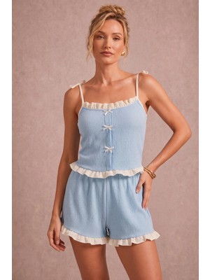 Bella Notte Mavi Kadın Fırfır Detaylı Askılı Şortlu Pijama Takımı