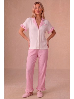 Bella Notte Pembe Yakalı ve Fırfır Detaylı Kısa Kollu Düğmeli Pijama Takımı