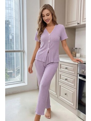 Bella Notte Lila Kısa Kollu V Yaka Pamuklu Fiyonklu Pijama Takımı