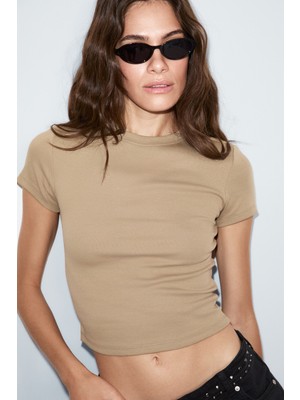 Ethiquet Zolen Kadın Yumuşak ve Esnek Kumaşlı Organik Pamuklu Kısa Kollu Crop Vizon T-Shirt