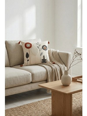 Destiva Home Renkli Modern Çiçekler Punch Nakışlı Dekorarif Püsküllü Gizli Fermuarlı Pamuk Kırlent Kılıfı 42X42 cm