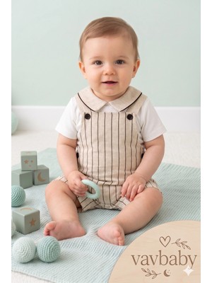 Vavbaby Erkek Bebek Çizgili Keten Bebek Salopet Tulum ve Bebek Yaka Tişört Ikili Takım