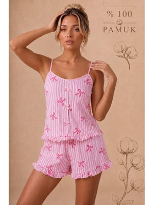 Bella Notte Pembe %100 Pamuklu Çizgili Fiyonk Detaylı Askılı Şortlu Pijama Takımı