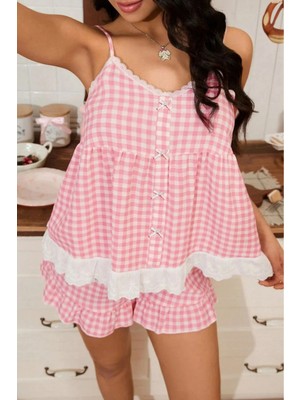Bella Notte Pembe Pötikare Dantel Detaylı Askılı Şortlu Pijama Takımı