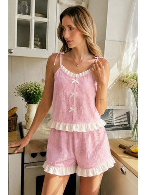 Bella Notte Pembe Kadın Fırfır Detaylı Askılı Şortlu Pijama Takımı