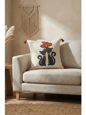 Destiva Home Renkli Kedi Motifli Punch Nakışlı Dekoratif Gizli Fermuarlı Pamuk Kırlent Kılıfı 42X 42 cm