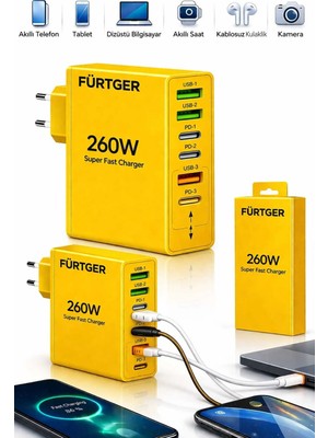 Fürtger German 260W 3 Type-C + 3 Usb-A Toplam 6 Çıkışlı Süper Hızlı Şarj Aleti