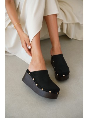 Selin Shoes Belina Işlemeli Gold Taş Dolgu Topuk Kadın Terlik- Siyah Süet