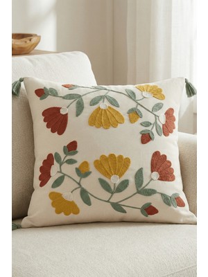 Destiva Home Renkli Floral Punch Nakışlı Dekoratif Püsküllü Gizli Fermuarlı Pamuk Kırlent Kılıfı Pamuk 42 x 42 cm