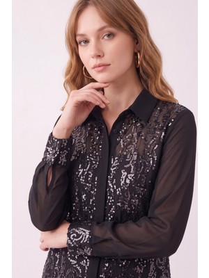 Bihan Store Payet Işlemeli Şifon Uzun Gömlek  64935-SIYAH