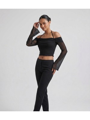 Blouse Boyundan Bağlamalı Tül Detaylı Flare Kol Crop
