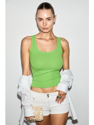 Ethiquet Lıllesol Kadın Fitilli Görünümlü Slim Fit Vücuda Oturan Havuz Yakalı Pamuklu Basic Yeşil Atlet