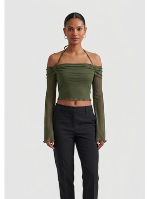 Blouse Boyundan Bağlamalı Tül Detaylı Flare Kol Crop