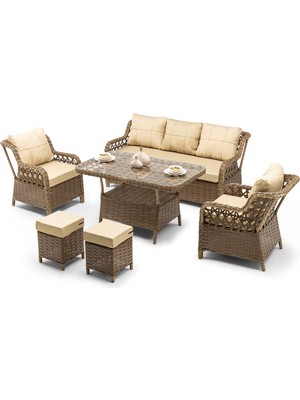 Hier Zen Rattan Puflu Bahçe Balkon Mobilyası 3+1+1 Kahverengi 7 Kişilik Premium Bahçe Takımı Balkon Mobilyası