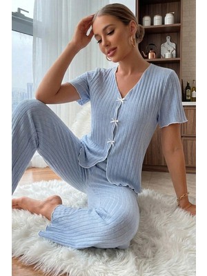 Bella Notte Mavi Kısa Kollu V Yaka Fiyonklu Pamuklu Kadın Pijama Takımı