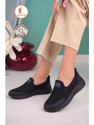Albishoes Kadın Bağcıksız Fileli Anatomik Spor Yürüyüş Babet Ayakkabı Rahat Taban Siyah