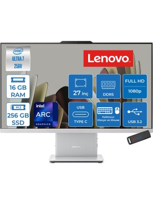 Lenovo Ideacentre Aıo 27ILL11 Intel Core Ultra 7 256V Up 4.8ghz 16GB Ddr5 256GB SSD Arc™ Graphics 140V 27" Fhd IPS 300NITS Anti-Glare, 99% Srgb Freedos Allınone Bilgisayar F0JW0010TRF01+ZETTAUSBBELLEK