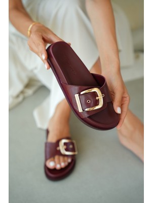Selin Shoes Velia Düz Taban Ayarlanabilir Gold Toka Detaylı Kadın Terlik- Bordo