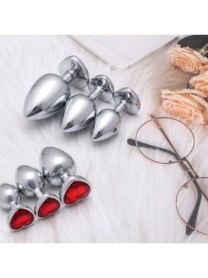 Kalpli Gümüş Metal Kırmızı Mücevher Taşlı 3 Farklı Boyut Anal Genişletici Alıştırıcı Plug Tıkaç Set