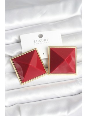 Belirtilmemiş Pirinç Gold Renk Bordo Piramit Model Kadın Küpe