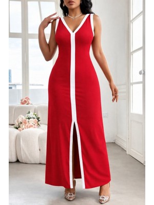 Alyn Wear Kadın Askılı Derin V Yakalı Yırtmaç Detaylı Uzun Viskon Elbise