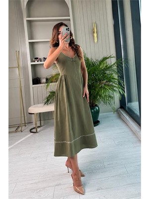 Neşeli Butik Kadın Yeşil Ince Askılı Güpür Detaylı Midi Boy Yazlık Elbise NBNP039