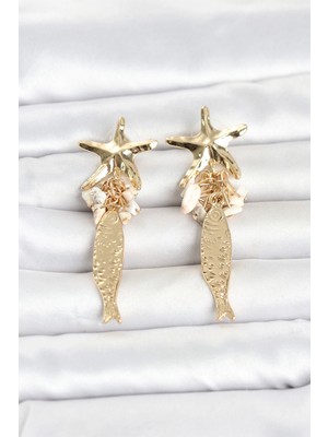 Belirtilmemiş Deniz Yıldızı ve Balık Detaylı Krem Taşlı Gold Renk Kadın Küpe