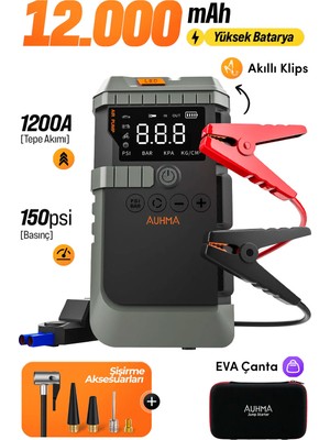 Auhma A7711 Akü Takviye Cihazı | 4'ü 1 Arada Powerbank, Hava Kompresörü, LCD Ekran, 12.000mAh 150PSI