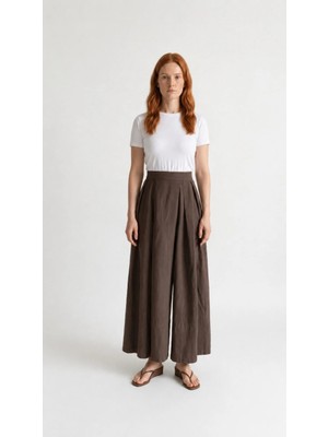 Nilge Pamuklu Rahat Kesim Keten Pantolon Kahve