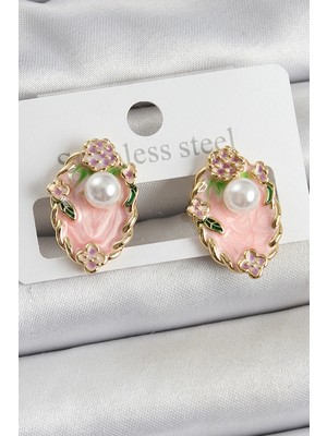 Belirtilmemiş Pirinç Pembe Mineli Inci Detaylı Sanatsal Portre Model Gold Renk Kadın Küpe