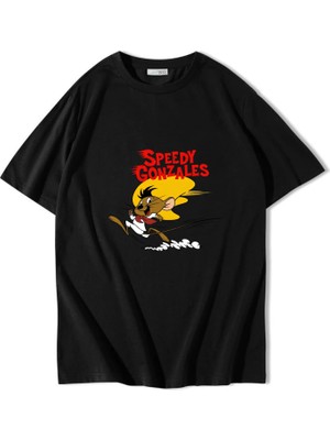 Brz Collection Unisex Oversize Speedy Gonzales T-Shirt Siyah