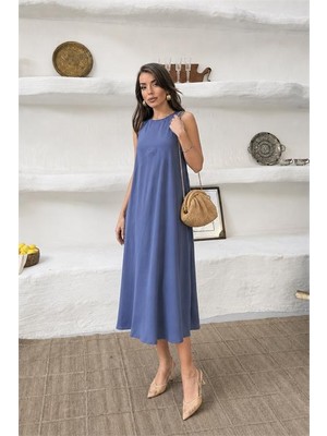 Neşeli Butik Kadın Lacivert Cep Detaylı Kolsuz Oversize Yazlık Elbise NBNP038