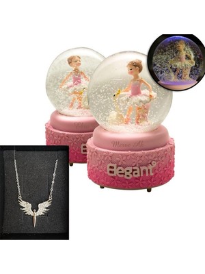 Keyfim Shop Balerin Kız Işıklı Müzikli Kar Küresi ve Melek Kolye