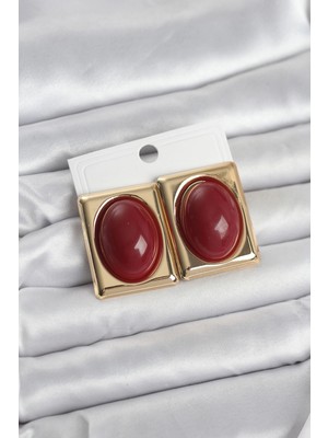 Belirtilmemiş Bordo Kare Model Vintage Gold Renk Kadın Küpe