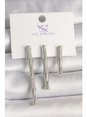 Belirtilmemiş Pirinç Gümüş Renk Zirkon Taşlı Bambu Model 3'lü Kadın Kombin Küpe
