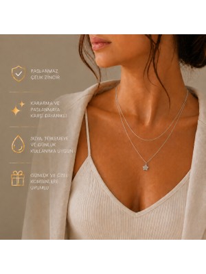 Liora De Mar Paslanmaz Çelik Yıldız Kadın Kolye Çift Zincir Kararmaya Dayanıklı Minimal Çift Zincir Kolye